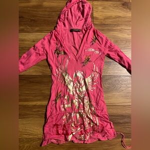 Ed Hardy Pink and Gold Hooded Swim Cover-Up
